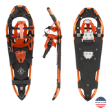 Top, bottom, and side views of Crescent Moon Big Sky 32 orange snowshoe with Made in USA badge Top, bottom, and side views of Crescent Moon Big Sky 32 orange snowshoe with Made in USA badge
