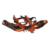 Side angle of Crescent Moon Big Sky 32 orange snowshoe with crampons, ergonomic binding, and curved tail for deep snow travel Side angle of Crescent Moon Big Sky 32 orange snowshoe with crampons, ergonomic binding, and curved tail for deep snow travel