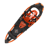 Top-down view of Crescent Moon Orange Big Sky 32 adult snowshoe with black binding and topo-patterned deck Top-down view of Crescent Moon Orange Big Sky 32 adult snowshoe with black binding and topo-patterned deck