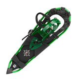 Overhead view of green-framed Leadville 29 snowshoe with topo map deck and large toe crampon, single shoe Overhead view of green-framed Leadville 29 snowshoe with topo map deck and large toe crampon, single shoe