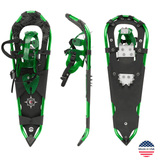 Top, side, and bottom views of Crescent Moon Leadville 29 green snowshoes with made in USA flag badge Top, side, and bottom views of Crescent Moon Leadville 29 green snowshoes with made in USA flag badge