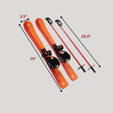 Orange Crescent Moon kids skis with adjustable bindings and poles, showing ski and pole measurements Orange Crescent Moon kids skis with adjustable bindings and poles, showing ski and pole measurements