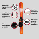 Close-up of Crescent Moon kids ski showing features like heel reinforcement, traction, and adjustable bindings Close-up of Crescent Moon kids ski showing features like heel reinforcement, traction, and adjustable bindings