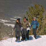 Group snowshoeing on trail with Luna snowshoes and trekking poles Group snowshoeing on trail with Luna snowshoes and trekking poles