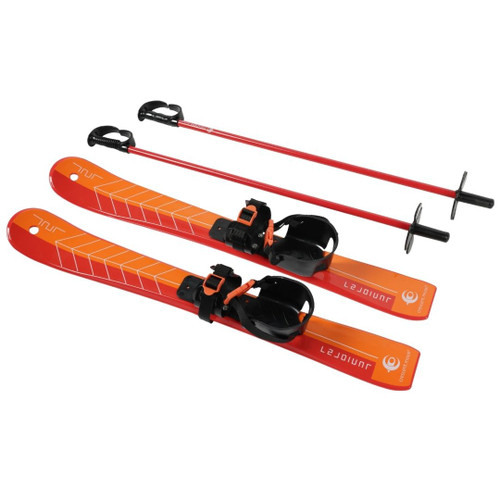 Kids snow skis and poles set by Crescent Moon in bright orange with adjustable bindings Kids snow skis and poles set by Crescent Moon in bright orange with adjustable bindings