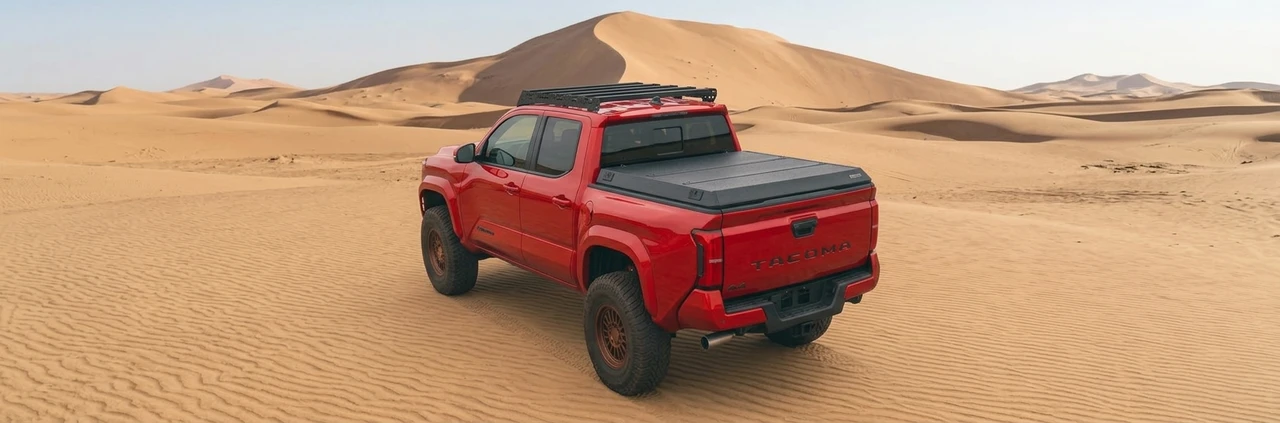 Red Toyota truck with a hard folding tonneau cover on a desert road – Cover. Protect. Explore.