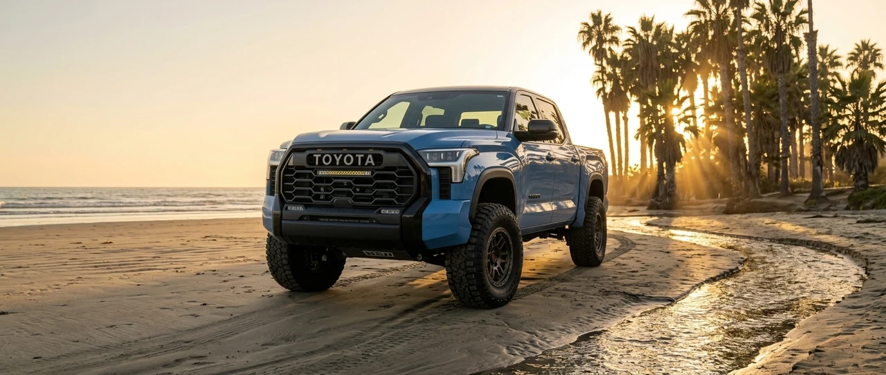 Blue lifted Toyota Tundra on a beach at sunset