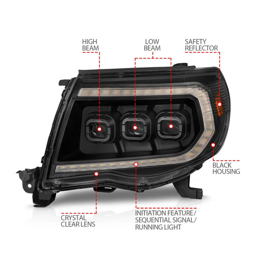 ANZO Full LED Projector Head Lights Black with Initiation Feature and Sequential Turn Signal | 2005-2011 Toyota Tacoma