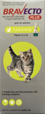 Bravecto Plus Spot-on for Small Cats: 1.2 - 2.8kg