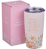 Strength and Dignity Pink Floral Stainless Steel Travel Tumbler - Proverbs 31:25