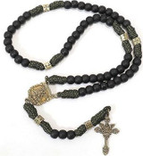 Antique Bronze Metal Rugged Paracord Rosary Necklace Black Matte Prayer Beads with Saint Medal and Crucifix Cross