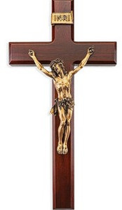 12" Dark Cherry Wood Crucifix with Museum Gold Finish Corpus
