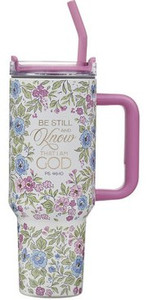Be Still and Know Purple Floral 40 oz Stainless Steel Tumbler with Straw - Psalm 46:10