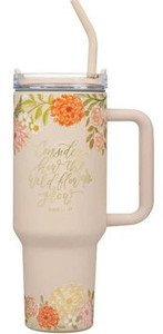 Consider the Wildflowers 40 oz Peach Stainless Steel Tumbler with Straw - Luke 12:27