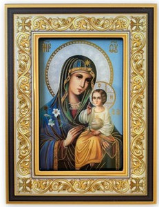 Virgin Mary Eternal Bloom (gold foil) in wooden frame large standing icon