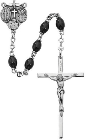 Four Way Black Glass Oval and Sterling Silver Rosary