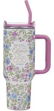 Be Still and Know Purple Floral 40 oz Stainless Steel Tumbler with Straw - Psalm 46:10