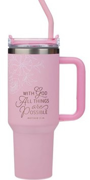 Things Are Possible Pink Poppy Stainless Steel Tumbler with Straw - Matthew 19:26