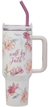 Walk by Faith Pink Cosmos 40 oz Stainless Steel Tumbler with Straw - 2 Corinthians 5:7