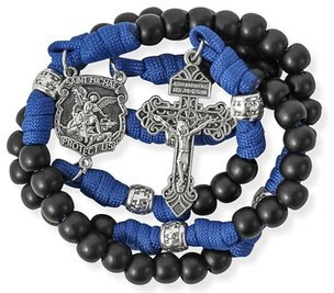 St.Michael Black Beads Blue Paracord Rosary Rugged Beaded Pardon Cross