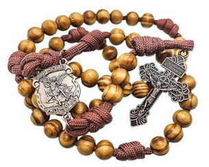 Rugged Cord Wooden Beads Paracord Rosary Necklace Red Bronze St Michael Medal