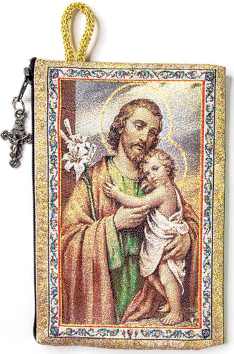Woven Tapestry Rosary Pouch, Jewelry & Coin Purse - St Joseph and Cross