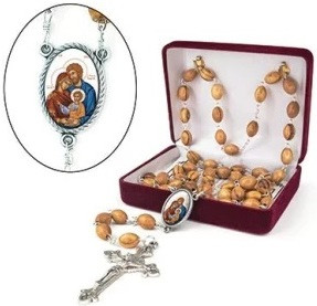 Holy Land Olive Wood Rosary Holy Family Byzantine with Crucifix and Icon Portrait