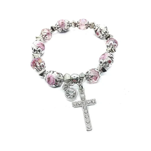 Pink Crystals Beads Cross Bracelet