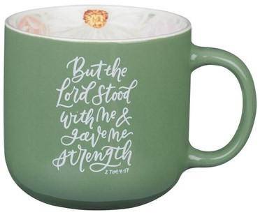 The Lord Stood with Me Sage Green Floral Ceramic Coffee Mug – 2 Timothy 4:17