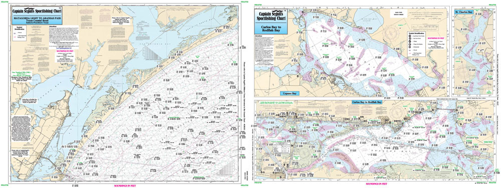 One side of the chart cover 20 - 30 miles off the coast the other side of the chart covers 1 -2 miles with details of the bays. Chart is 19 x 26 inches, double sided, and laminated, Texas Coast line.

Side A: Nearshore 20 to 30 miles off the shore, Matagorda Light to Aransas Pass. Side B: Inshore/ ICW Carlos Bay to Redfish Bay & Capano Bay with an inset of St Charles Bay. All charts include GPS coordinates, wrecks, reefs, rigs, shoals, fishing areas, amenities and restrictions. Please refer to our offshore chart in this area. Uses NOAA Charts 11313, 11314

