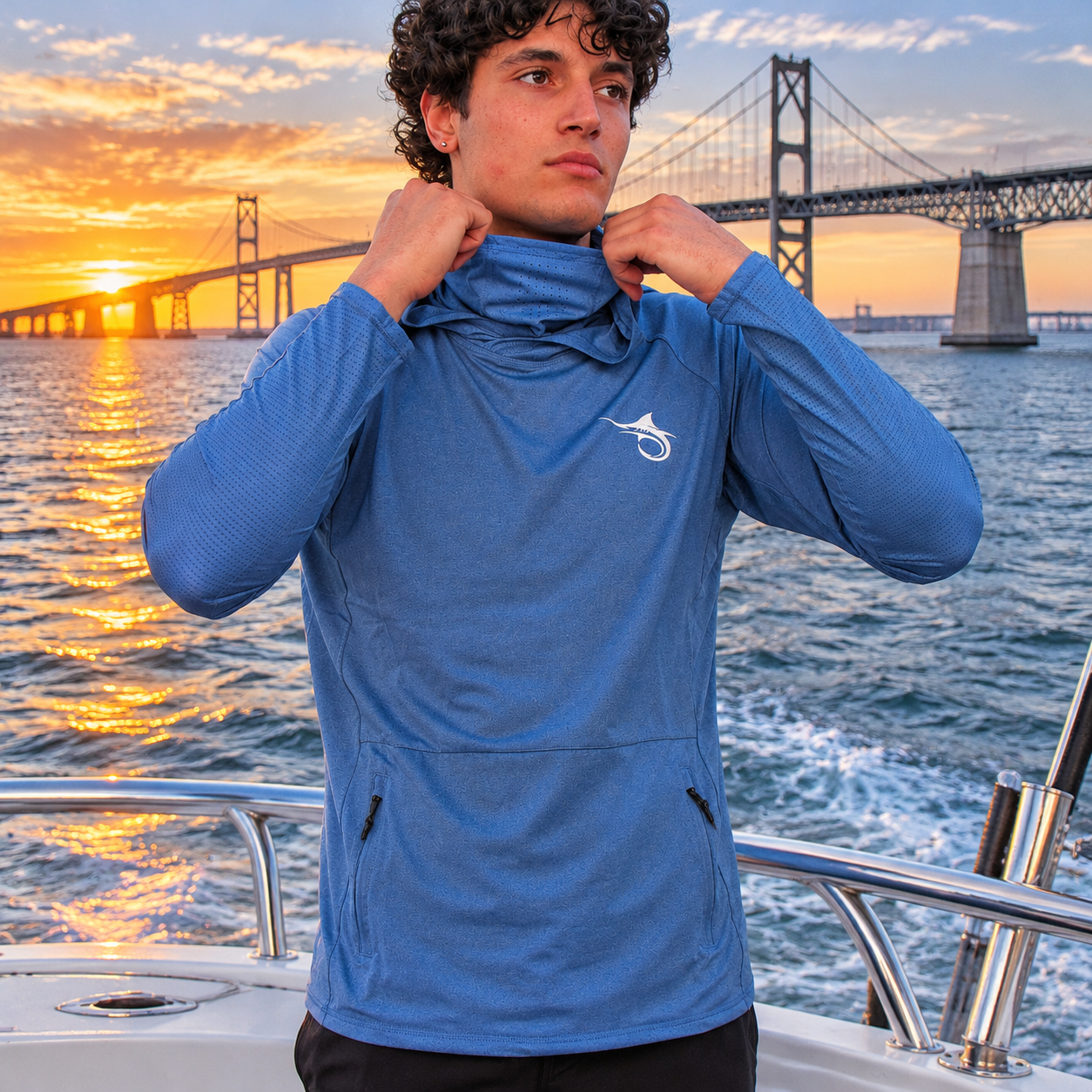 Marlin Hook Buoy Performance LS Hoodie with Mask - Blue