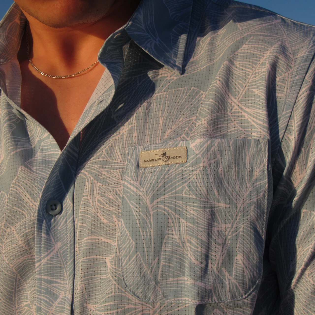Marlin Hook Atoll Performance Button Down Shirt - Light Blue