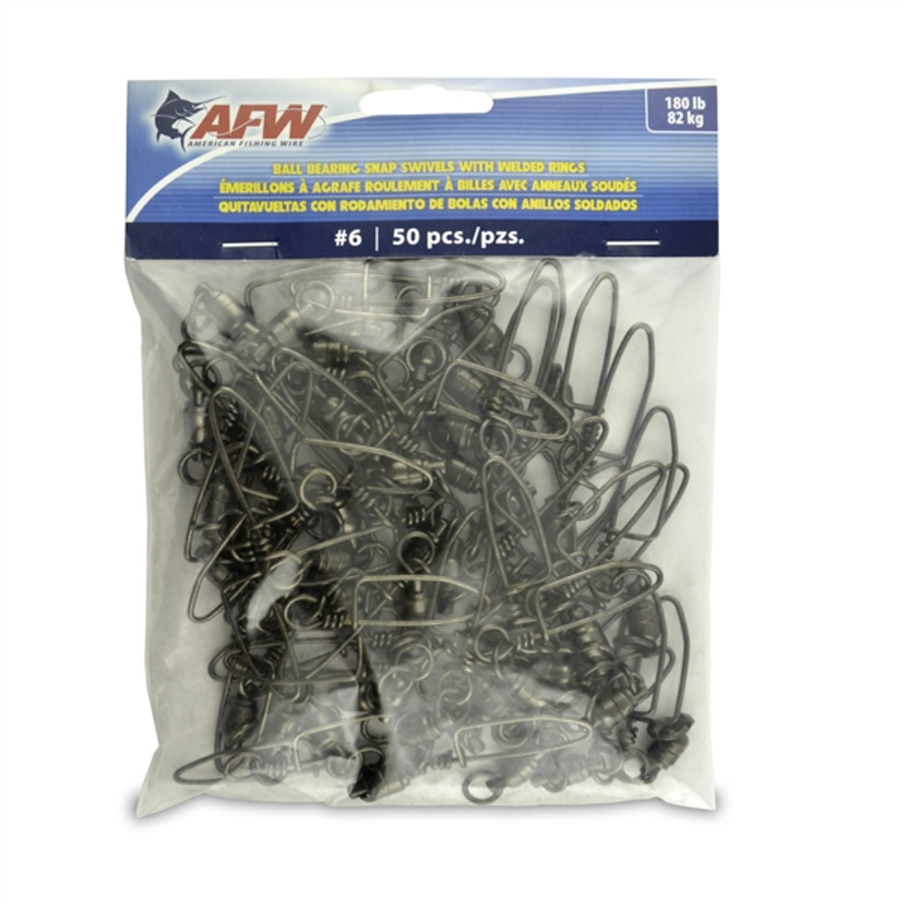 American Fishing Wire Black Ball Bearing Snap Swivels (50 Piece), Size 6, 180 Pound Test