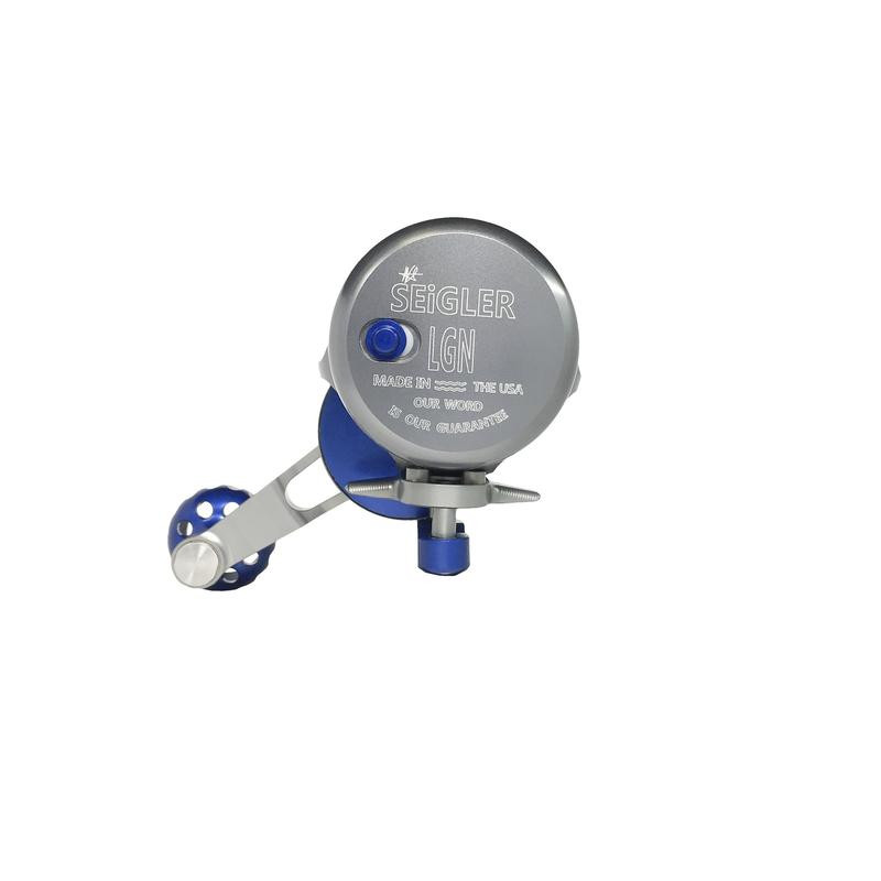Seigler Reel LGN Large Game Narrow Smoke w/ Blue Accents RH