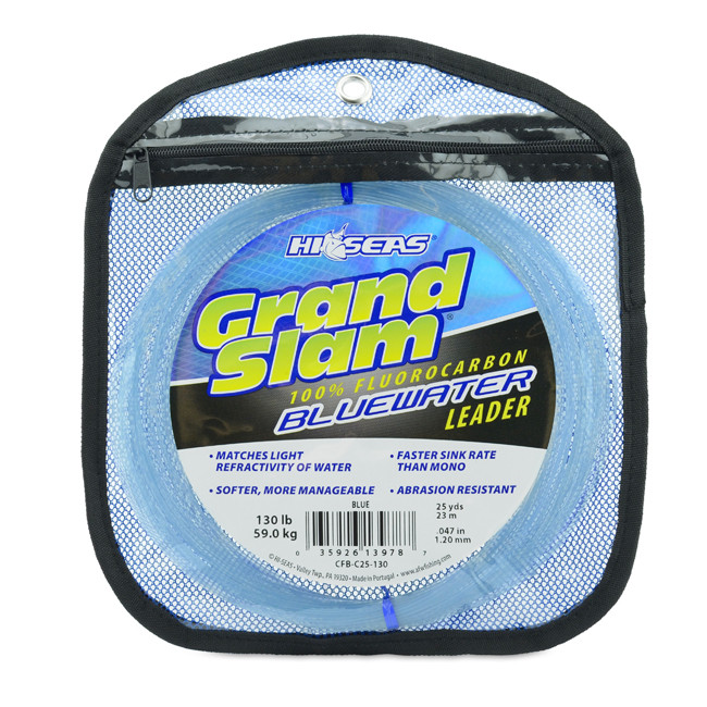 After that dark early morning run out of the inlet, the sky is starting to brighten and it’s time for you to wet your first lines. You’ve done this countless times before, but today is different. Today you have the advantage of Grand Slam Bluewater 100% Fluorocarbon Leader, with its unique “disappearing” bluewater color designed to salt away into the abyss. This is the HI-SEAS 100% Fluorocarbon leader that you’ve come to know and trust, but with another level of invisibility. An exclusive blue color and proprietary coloring process that softens the leader and makes it more manageable, without reducing abrasion resistance. The result is a leader that has been field-tested and refined by top offshore anglers for over a year, and which delivers more life-like action while effectively blending into its deep bluewater surroundings.