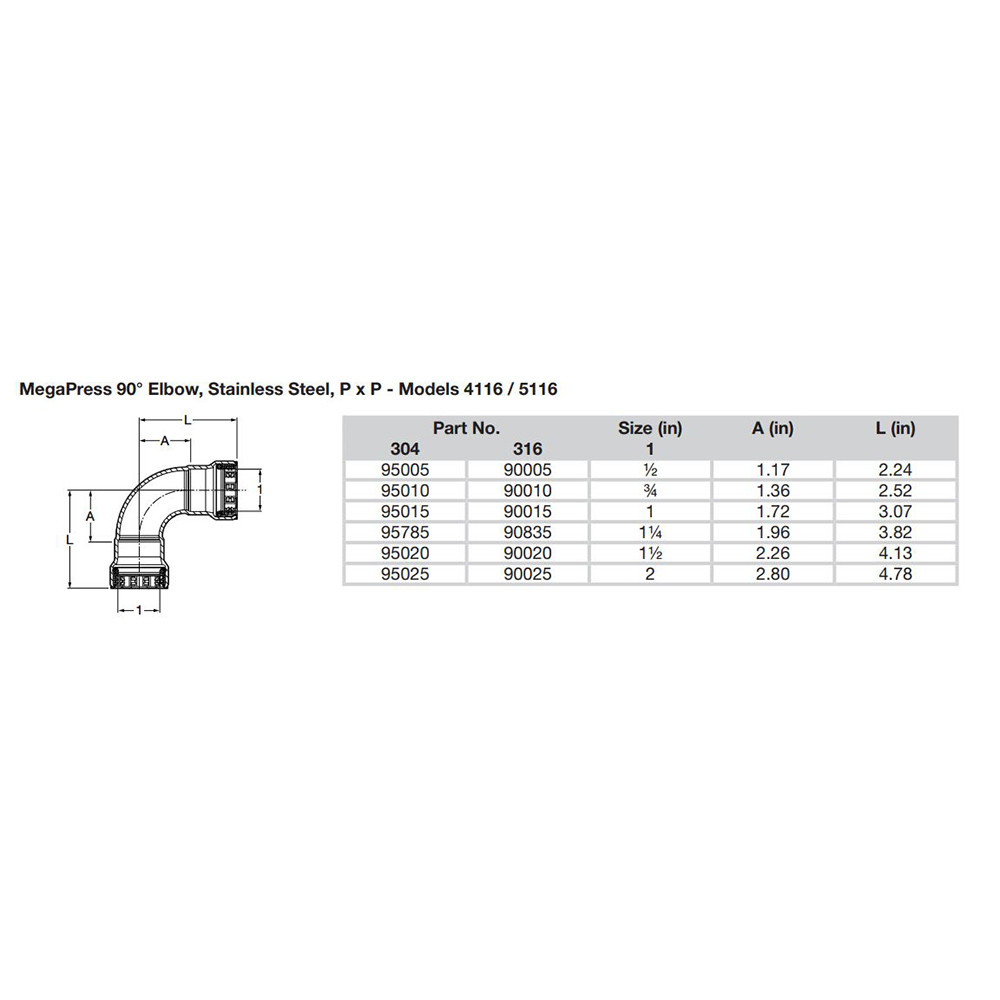 Viega MegaPress 2" 90 Stainless Steel 304 Elbow - Double Press Connection - Smart Connect Technology