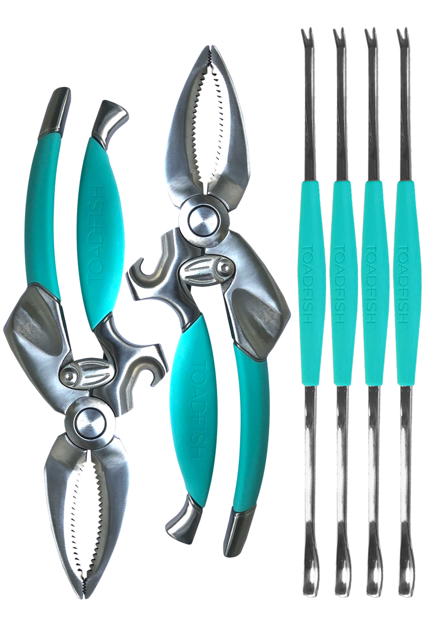 Toadfish Crab & Lobster Seafood Tool Set - 2 Shell Crackers With Cutters & 4 Multi-Use Forks - Non-Slip Grips - Stainless Steel - Built-In Bottle Opener - Makes A Beautiful Gift