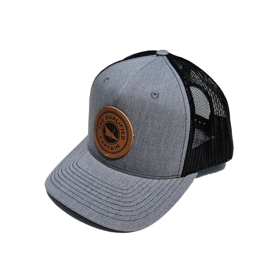 The Qualified Captain Leather Patch Trucker Hat - Heather Grey/Black