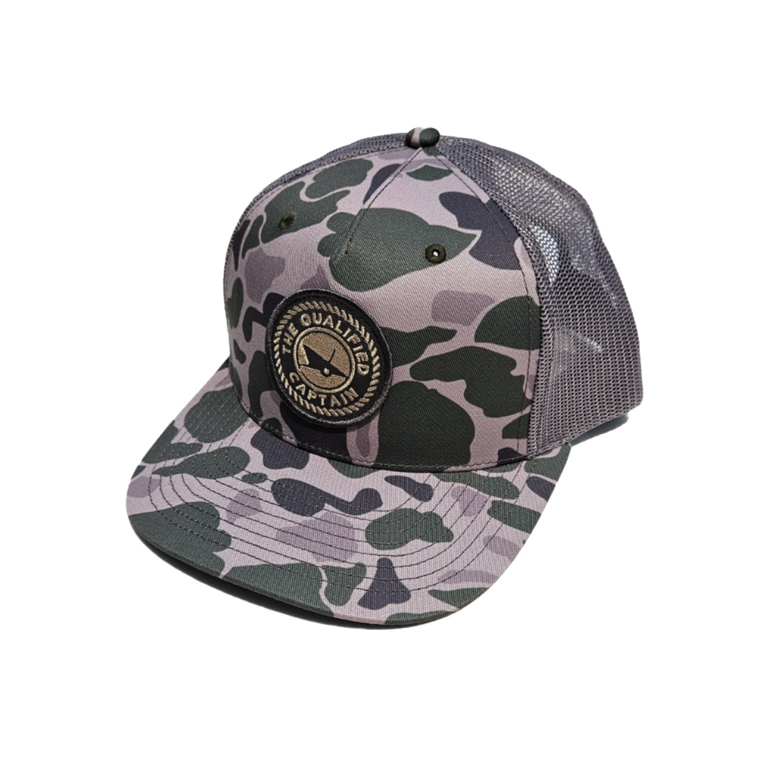 The Qualified Captain Embroidered Patch Trucker Hat - Green/Gray Camo