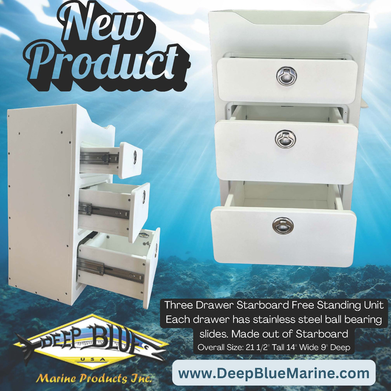 Deep Blue Marine Three Drawer Free Standing White
