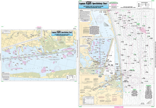 One side of the chart cover 20 - 30 miles off the coast the other side of the chart covers 1 -2 miles with details of the bays. Chart is 19 x 26 inches, double sided, and laminated, Texas Coast line.

Side A: Nearshore chart from Rio Grande to the Port Mansfield channel, with inset of Port Isabel Area. Side B: Inshore/ICW chart from Stover Point to Chubby Island, with inset of the Arroyo Colorado. All charts include GPS coordinates, rigs, wrecks, reefs, shoals, fishing areas, amenities and restrictions. Please refer to our offshore chart in this area.