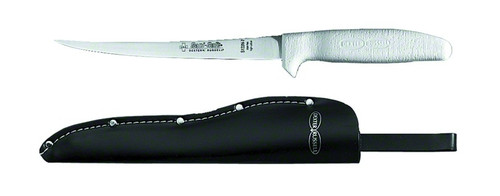 7" narrow stain-free, high carbon steel blade with white Sani-Safe® polypropylene handle. Sweeping blade shape compliments filleting motion. Convenient leather sheath secured with high compression brass rivets.