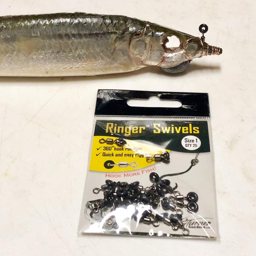 Size 1 Ringer Swivels™ are commonly rigged with Medium/Small/Dink sized ballyhoo. The o-ring is perfectly sized to accept the industry standard 6/0-8/0 circle hooks.