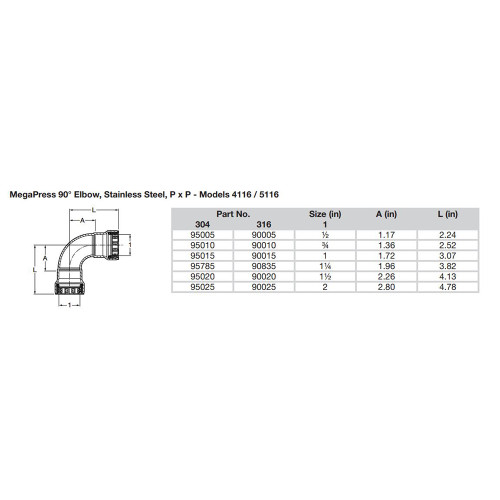 Viega MegaPress 3\/4" 90 Stainless Steel 304 Elbow - Double Press Connection - Smart Connect Technology