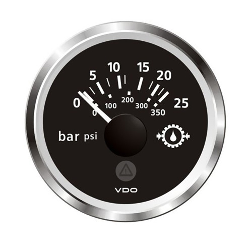 VDO Marine 2-1\/16" (52mm) ViewLine Transmission Oil Pressure 25 Bar\/350 PSI - 8-32V - Black Dial  Chrome Triangular Bezel