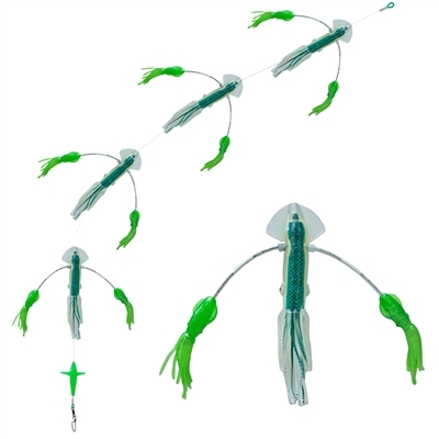 Black Bart EL SQUID JR Trolling Lure Daisy Chain Rigged - GLOW GREEN CHART  DOT