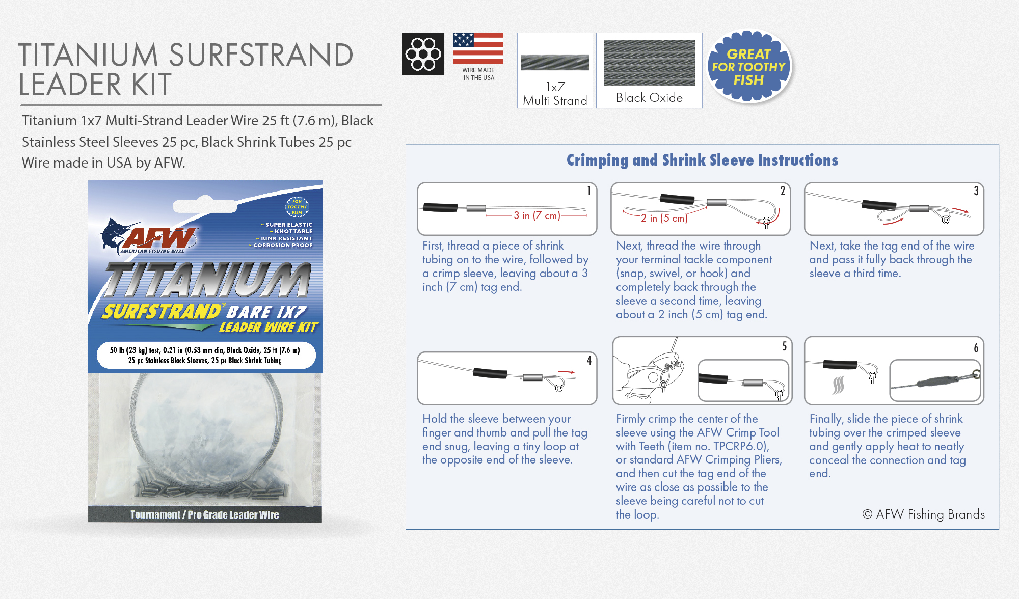 AFW - Titanium Surfstrand Leader Kit - 25 Ft / 7.6 M Wire, 25 Pc Stainless  Black Sleeves, 25 Pc Black Shrink Tubing 