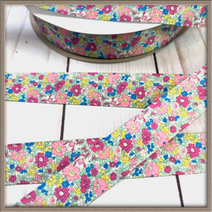 Pink Mint and Blue Flowers 7/8" Grosgrain Ribbon By The Yard Picture 0 Pink Mint and Blue Flowers 7/8" Grosgrain Ribbon By The Yard Picture 0