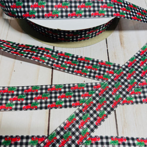 Tree and Truck on Black Buffalo Check 1" Grosgrain Ribbon By The Yard Picture 1 Tree and Truck on Black Buffalo Check 1" Grosgrain Ribbon By The Yard Picture 1