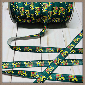 School Bus on Green 5/8" FOE Ribbon Fold Over Elastic By The Yard Picture 1 School Bus on Green 5/8" FOE Ribbon Fold Over Elastic By The Yard Picture 1